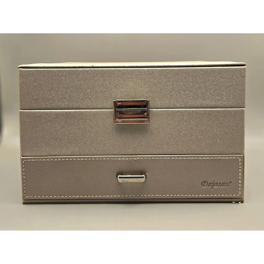 Dajasan Jewelry Box Beige Faux Leather Velvet Lined, Spacious B#36